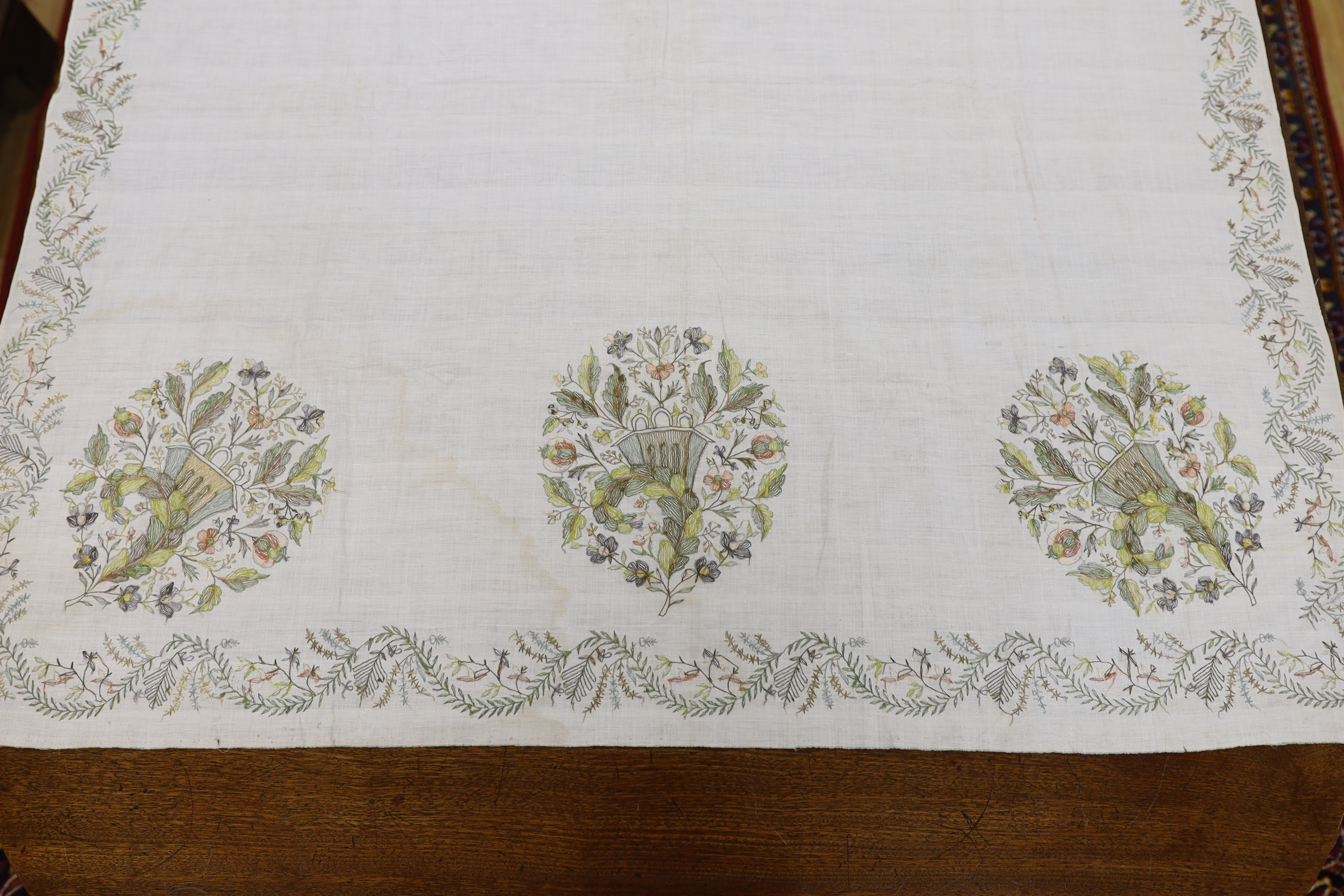 A late 18th-19th century fine linen chain stitched floral embroidered panel, possibly Kashmiri, using traditional design elements and embroidery similar from earlier embroideries of this kind worked on narrower looms, 22